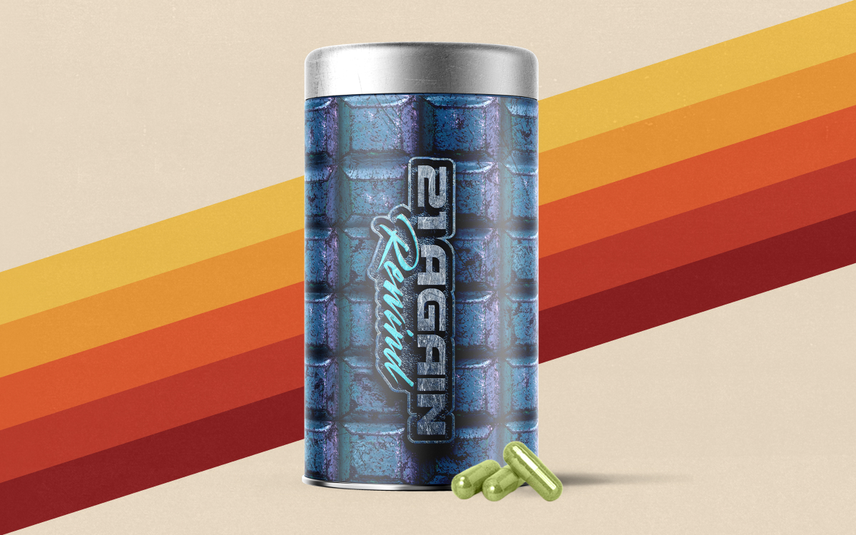 21 Again Remind: men's support supplement canister on a retro-stripe backdrop