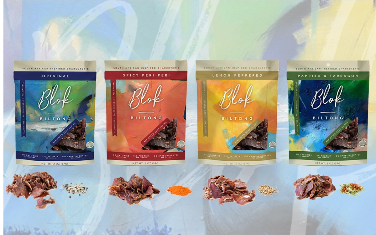 Blok Biltong: four flavor pouches with South African-inspired charcuterie branding