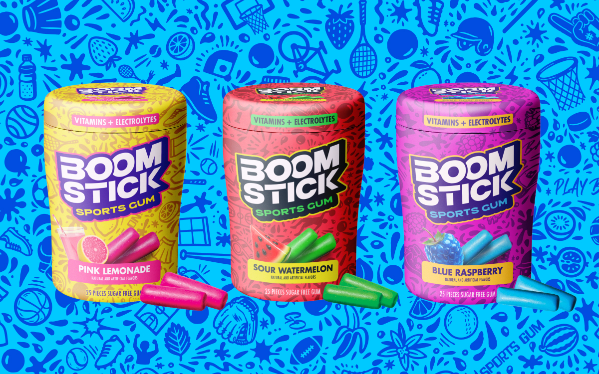 Boomstick Sports Gum: three flavor canisters on a blue patterned background