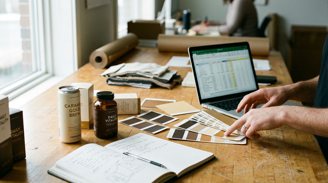 Inio Brands: operators at a wood worktable with prototypes, swatches, and a P&L on screen