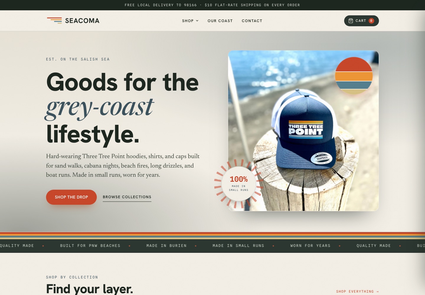 Seacoma Supply Co. homepage: goods for the grey-coast lifestyle, with a Three Tree Point cap, free local delivery to 98166, and made-in-Burien marquee